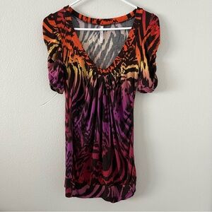 Vintage Y2K Rue 21 Colorful Animal Print Ruched Long Top Junior XL Deep V-Neck